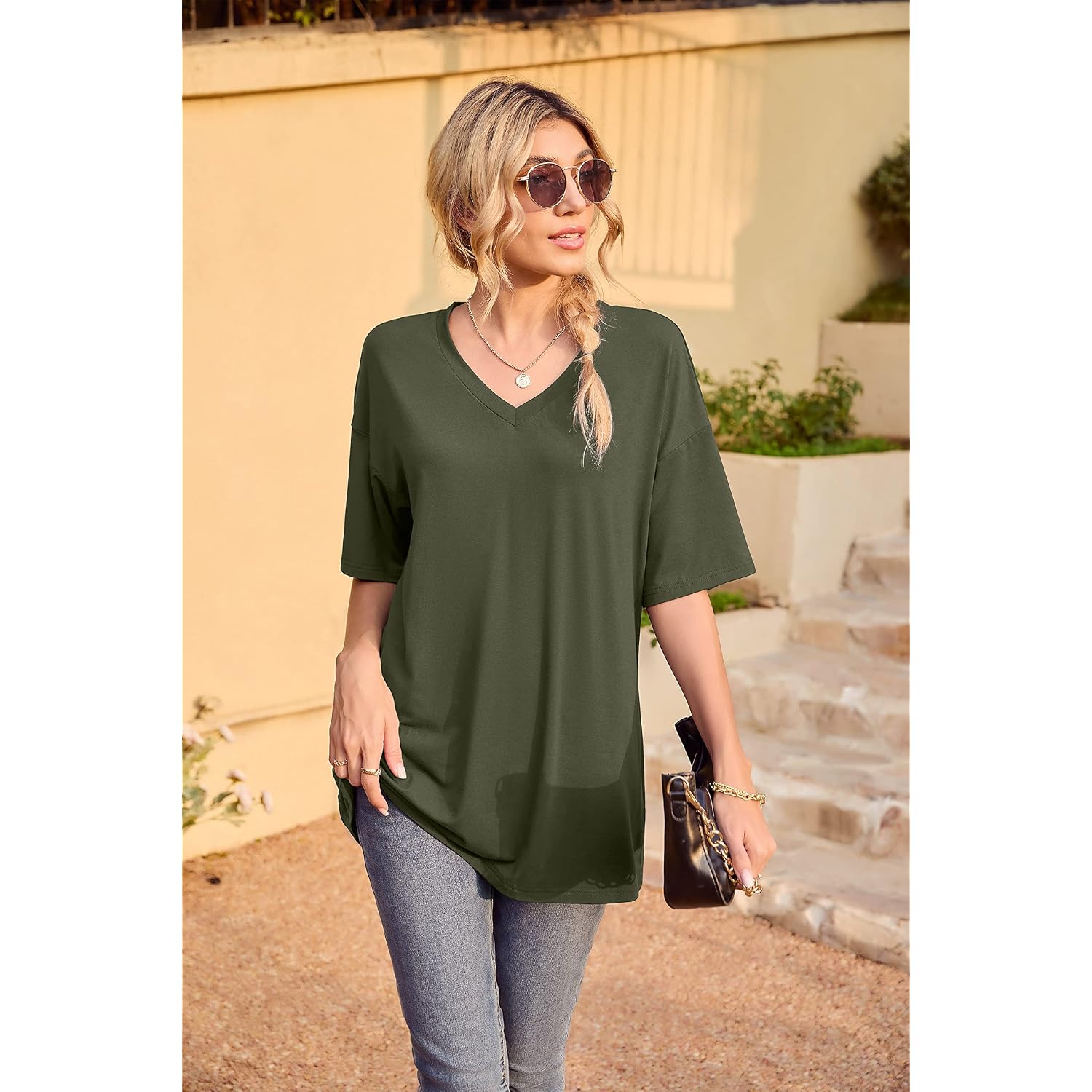 Womens Short Sleeve Tops Dolman V Neck T-Shirts Summer Casual Tunic Tops
