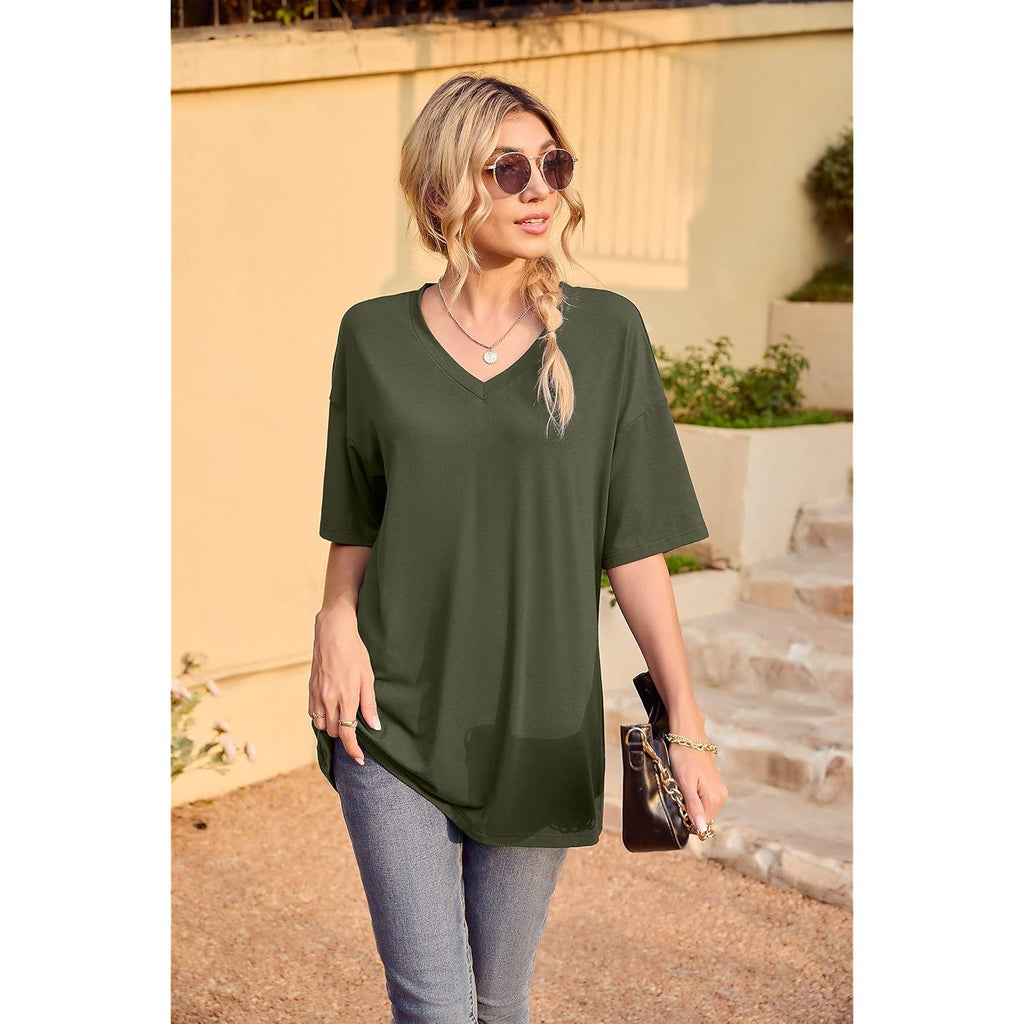 Womens Short Sleeve Tops Dolman V Neck T-Shirts Summer Casual Tunic Tops
