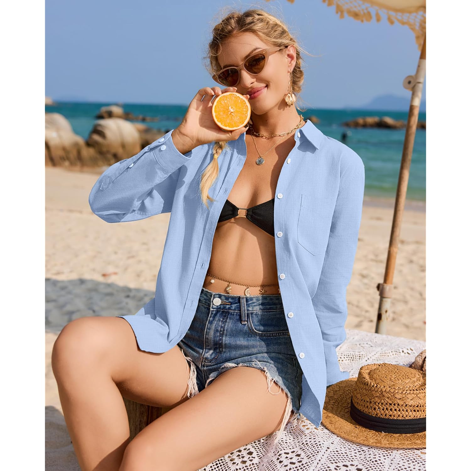 Siliteelon Womens Button Down Shirt Linen Button Up Shirts For Women Long Sleeve Summer Shirt Collared Blouse Linen Tops