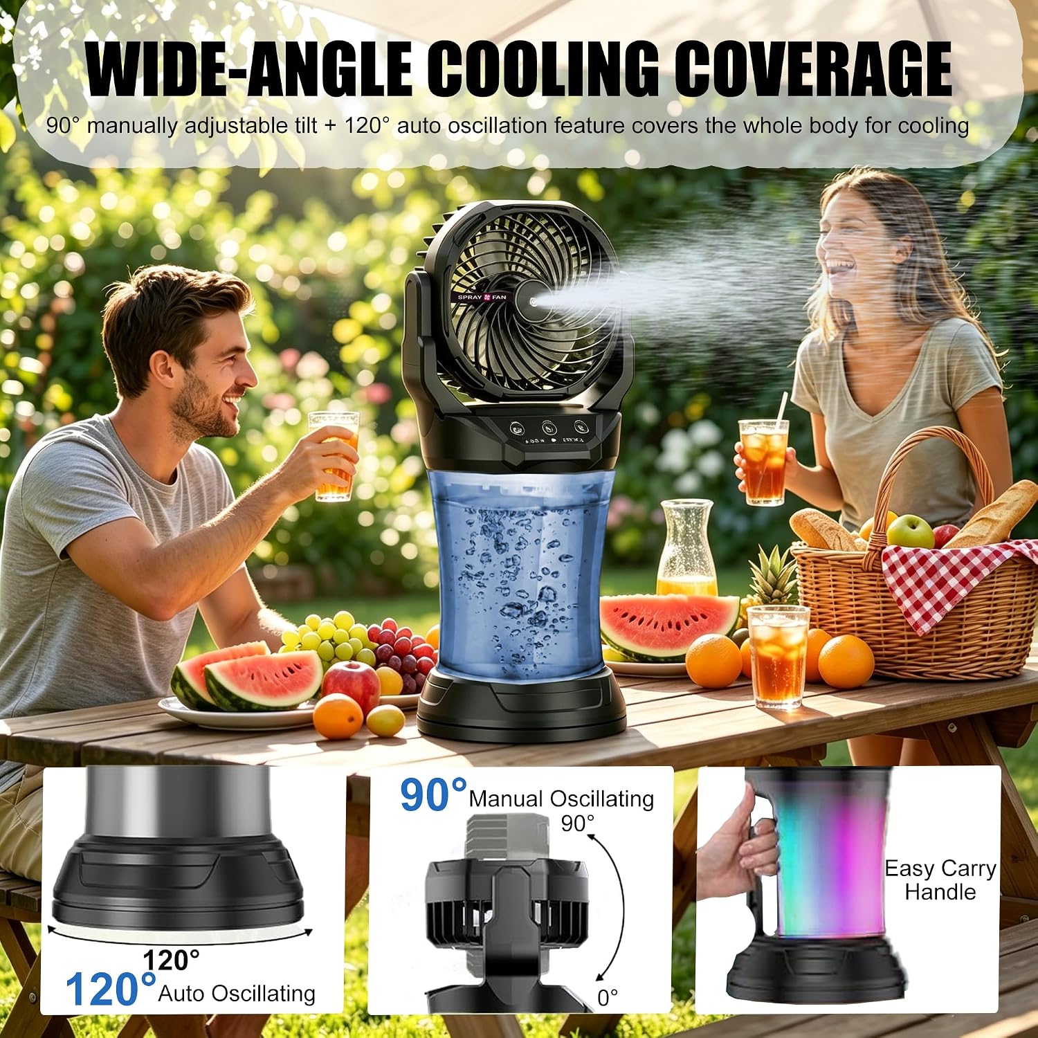 Misting Fan Portable, 27600Mah Battery Powered Fan, 2L Portable Mister Fan With 4 Wind Speeds, Timer Function, Rgb Ambient Light, 120° Auto Oscillation & Grip Handle For Camping Beach Patio( Black)