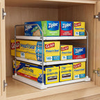 Everie Extendable 3-Tier Kitchen Cabinet & Pantry Organizer For Plastic Wrap, Foil & Storage Bags, Adjustable Heavy Duty Shelf Rack For Wrap Boxes, Jars & Snack Boxes (11–16.7 In Wide), Pack Of 1