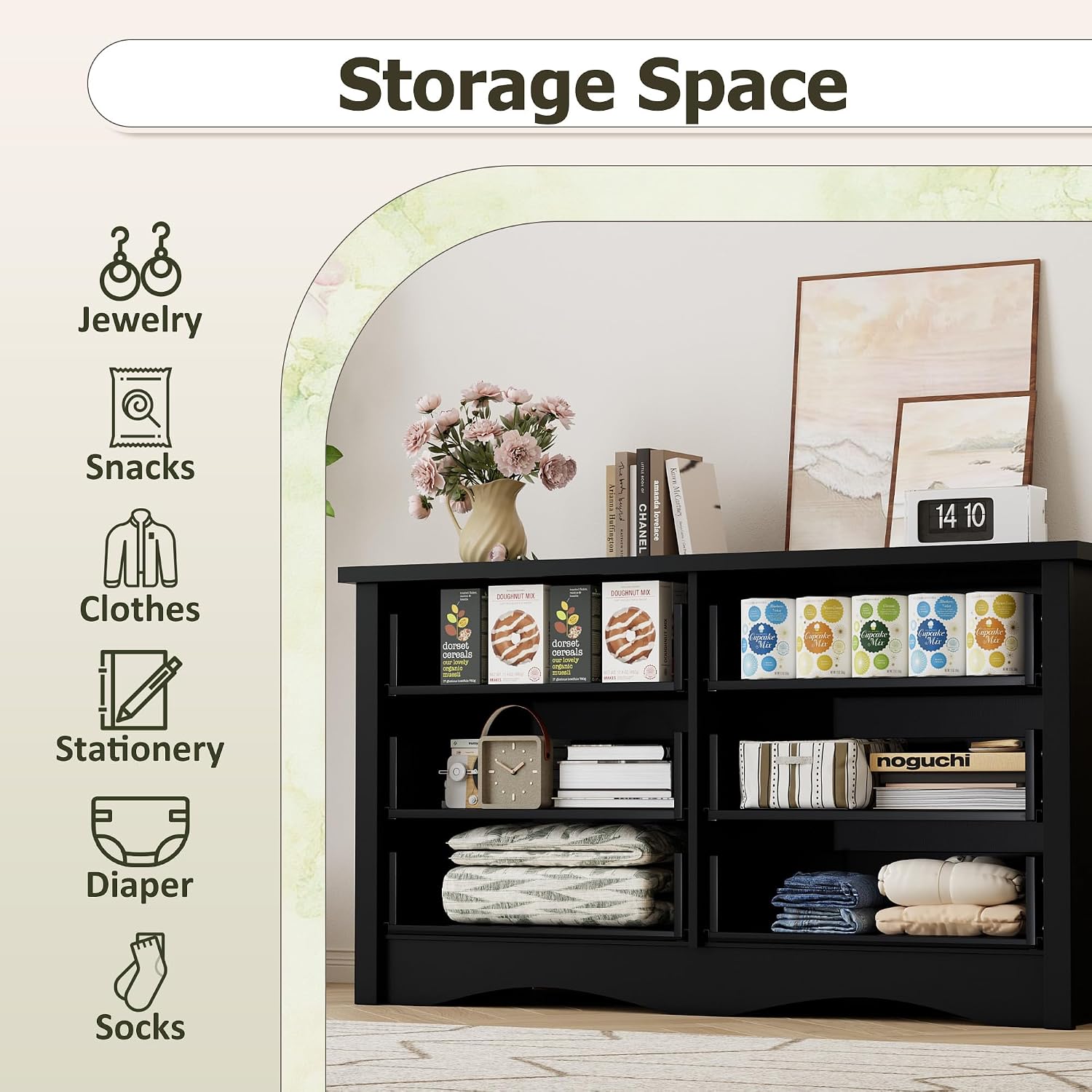 Shahoo Black Dresser For Bedroom With 6 Drawers, 47.2" Wide Chest Storage Organizer And Tv Stand For Living Room, Closet, Hallway, Dormitory