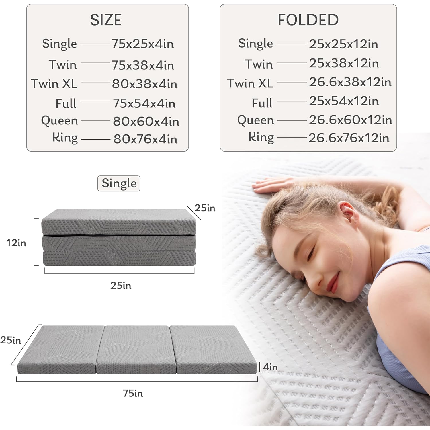 MLILY Tri-Fold Memory Foam Topper, 4 inch Single Folding Mattress Topper with Collapsible and Washable Cover, Travel and Guest Mat, 75"×25"×4", Grey