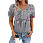 Zeagoo Womens Short Sleeve Tops Summer Henley V-Neck Tshirts Casual Pleated Blouse Dressy Loose Floral Basic Tee