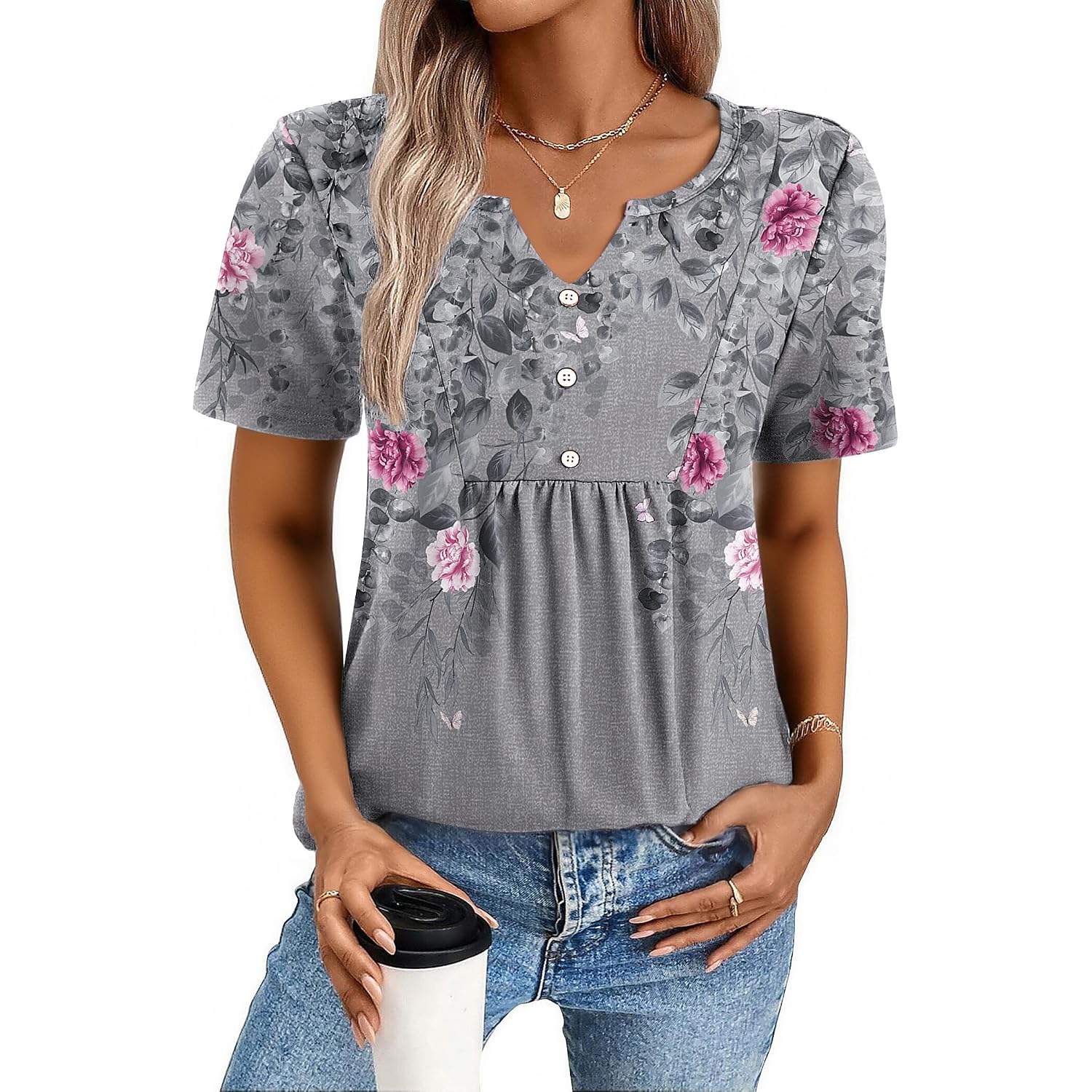 Zeagoo Womens Short Sleeve Tops Summer Henley V-Neck Tshirts Casual Pleated Blouse Dressy Loose Floral Basic Tee
