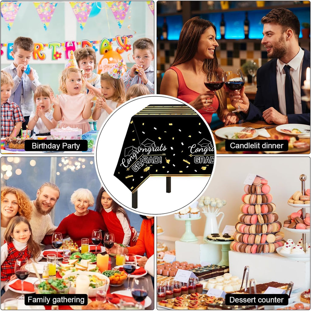 Childom 3 Pack Graduation Tablecloth,Graduation Decorations Class of 2026 Graduation Party Decorations,54"x108" Black and Gold Plastic Table Cloth Disposable Rectangle for Home,School,Party Supplies