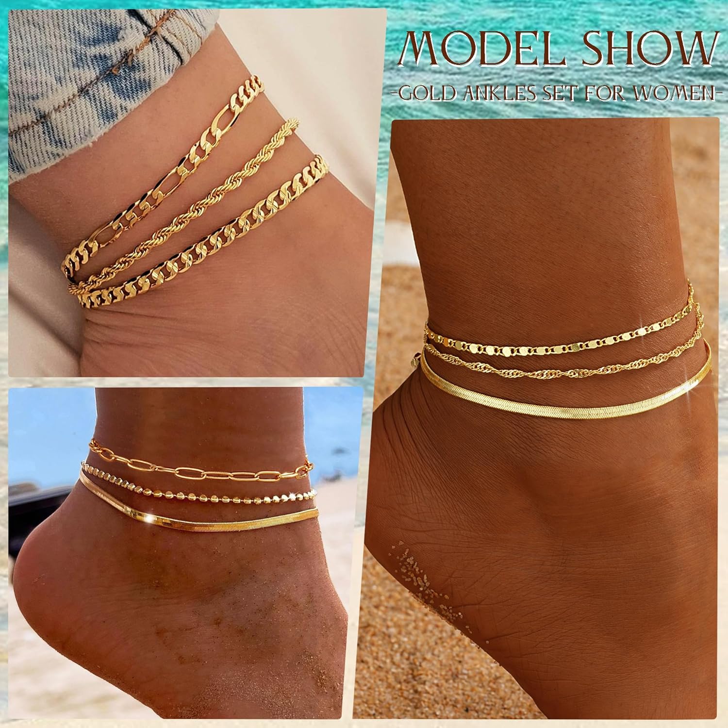 iF YOU Gold Ankle Bracelets for Women, 14k Gold Plated Waterproof Cuban Link Chain Anklets Set, Layered Anklet Bracelets for Women Beach Gift Adjustable Size 5pc
