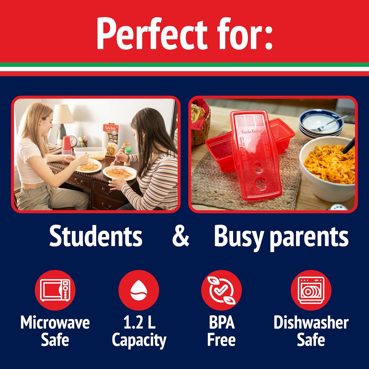 The Original Fasta Pasta Microwave Cooker w Lid and Built-in Strainer (Red)- No More Messes, Waiting for Water to Boil,or Sticky Noodles- Perfect Al Dente Pasta Every time- Patented, It Really Works!