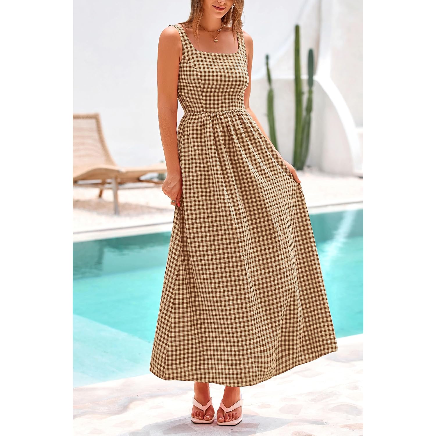 Prettygarden Women'S 2026 Summer Spaghetti Strap Maxi Dresses Plaid Square Neck A Line Casual Beach Vacation Long Sundress