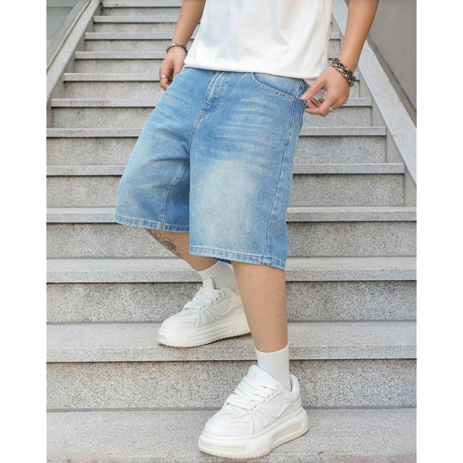 Mens Baggy Jean Shorts Loose Fit Vintage Wide Leg Jorts Y2K Streetwear Hip Hop Casual Long Denim Shorts