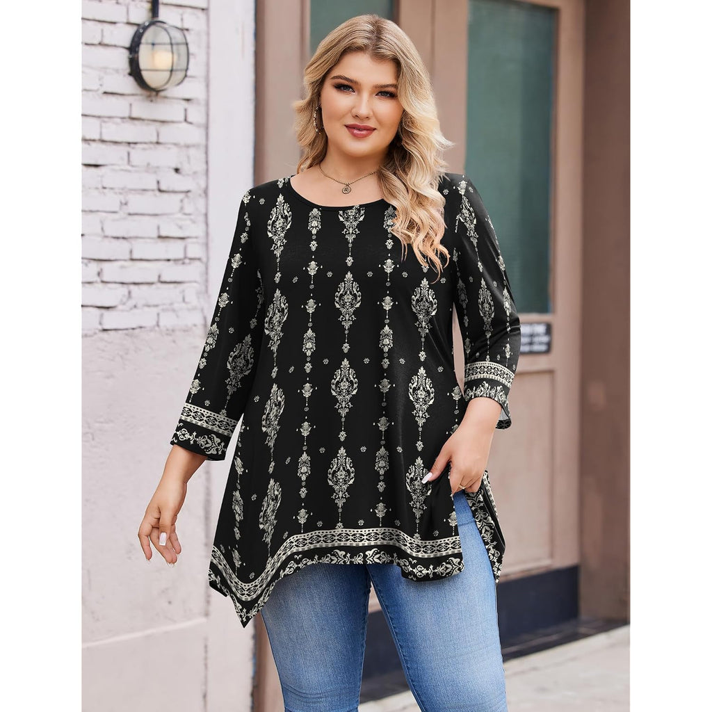 IN'VOLAND Plus Size Tops for Women 3/4 Sleeve Shirts Tunic Tops to Wear with Leggings Loose Fit Summer Fall Clothes