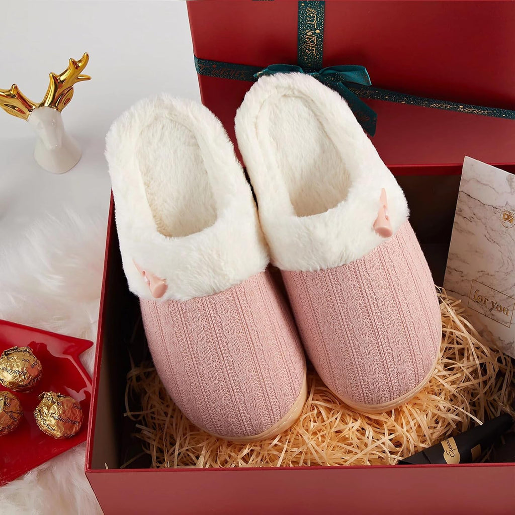 Women'S Slip On Fuzzy Slippers Memory Foam House Slippers Outdoor Indoor Warm Plush Bedroom Shoes Scuff With Faux Fur Lining