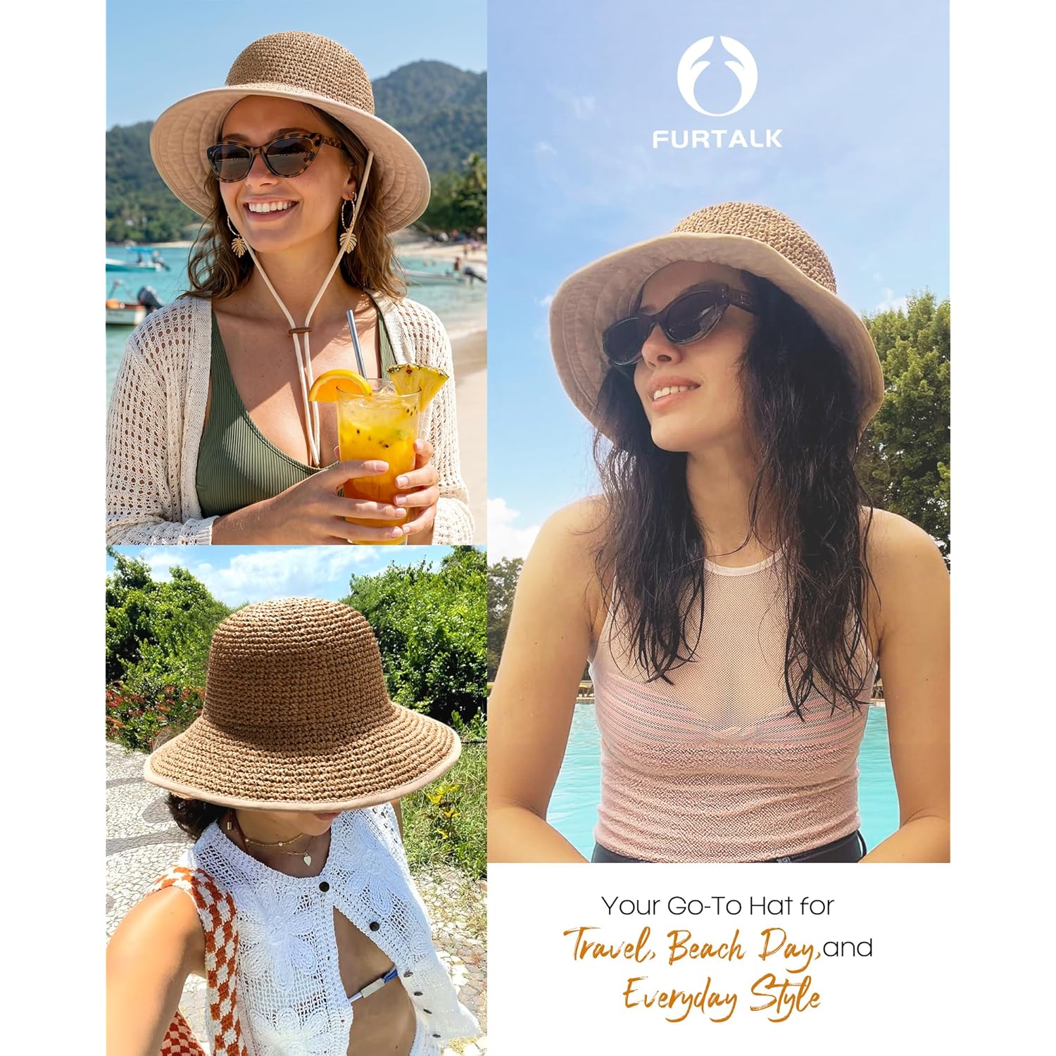 FURTALK Summer Straw Beach Sun Hats for Women UPF 50 Floppy Wide Brim Travel Bucket Hat Foldable Packable