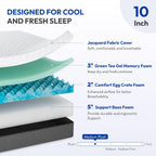 Gelsea Queen Mattress 10 Inch For Cool Sleep & Pressure Relief, Gel-Infused Green Tea Memory Foam, Medium Plush Support With Egg-Crate Design, Certipur-Us Certified, Fiberglass Free Bed In A Box