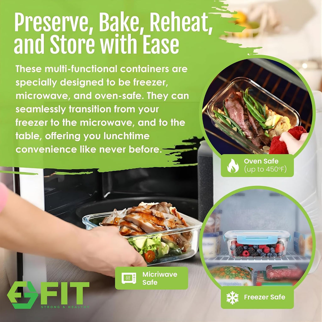 Fit Strong & Healthy Glass Meal Prep Containers, 2 & 3 Compartments - Portion Control, Lunch Container Set, Food Storage, Airtight Lids, Oven & Freezer Safe, Leak-Proof Bento Box, 32 Oz, Blue, 4 Pack
