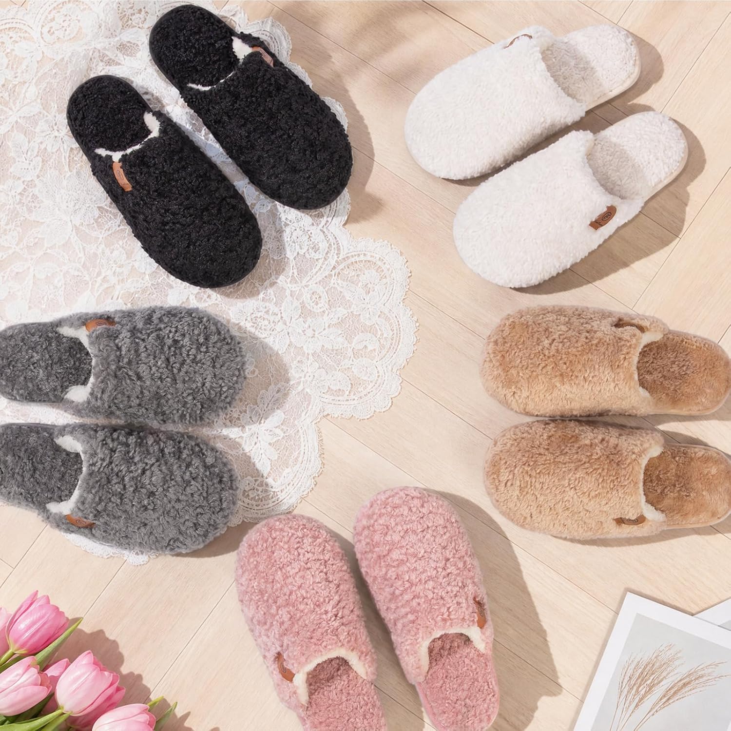 Everfoams Women'S Fuzzy Slippers Warm Cozy Memory Foam Indoor House Shoes