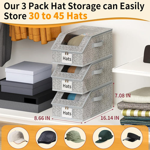 3 Pack Stackable Hat Organizer For Baseball Caps, Hat Storage With Clear Window Lid, Holds Up To 45 Ball Cap Storage Organizer, Foldable Hat Box Holder With Cardboard, For Closet Bedroom Shelf(Grey)
