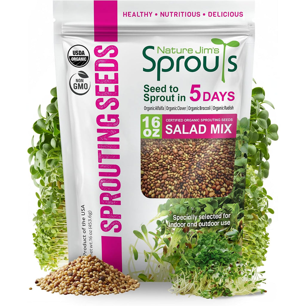 Nature Jim'S Sprouts Organic Salad Mix – Alfalfa, Radish, Clover Seed, 1Lb | Non-Gmo Microgreen Seeds - Fast-Growing Plants - Ideal Sprouting Seeds For Fresh & Nutritious Indoor/Outdoor Home Gardening