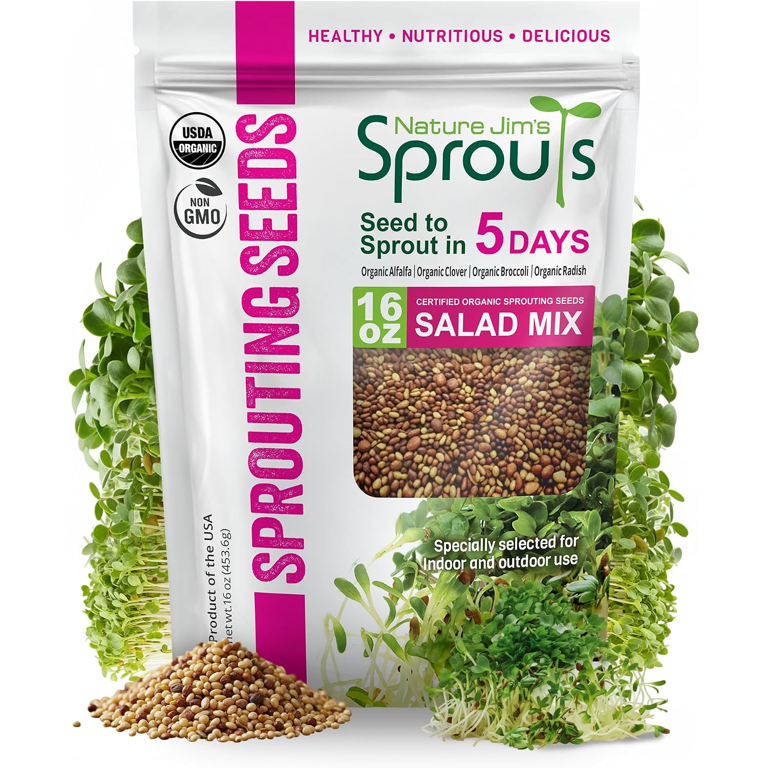 Nature Jim'S Sprouts Organic Salad Mix – Alfalfa, Radish, Clover Seed, 1Lb | Non-Gmo Microgreen Seeds - Fast-Growing Plants - Ideal Sprouting Seeds For Fresh & Nutritious Indoor/Outdoor Home Gardening