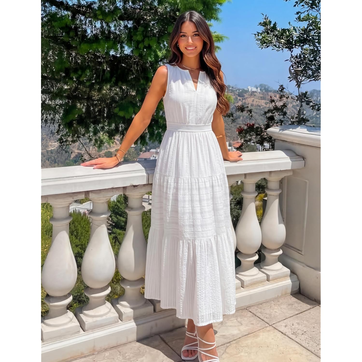 Merokeety Womens Summer Casual Midi Maxi Dress 2026 Beach Vacation Sleeveless Boho V Neck Cotton Modest Long Dresses Pockets