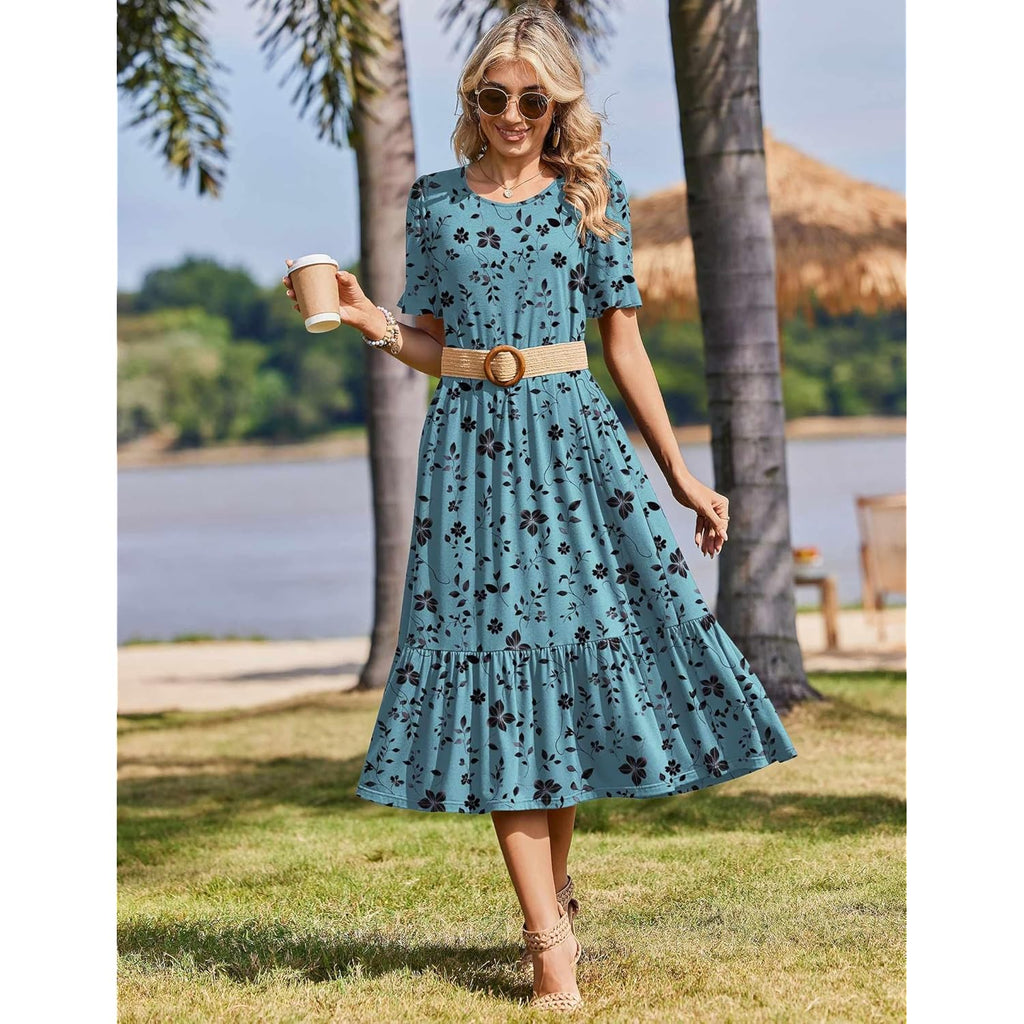 Womens Summer Dresses 2026 Casual Midi Dress Flowy Sundress Ruffle Short Sleeve Tiered Dresses A Line Boho Dress