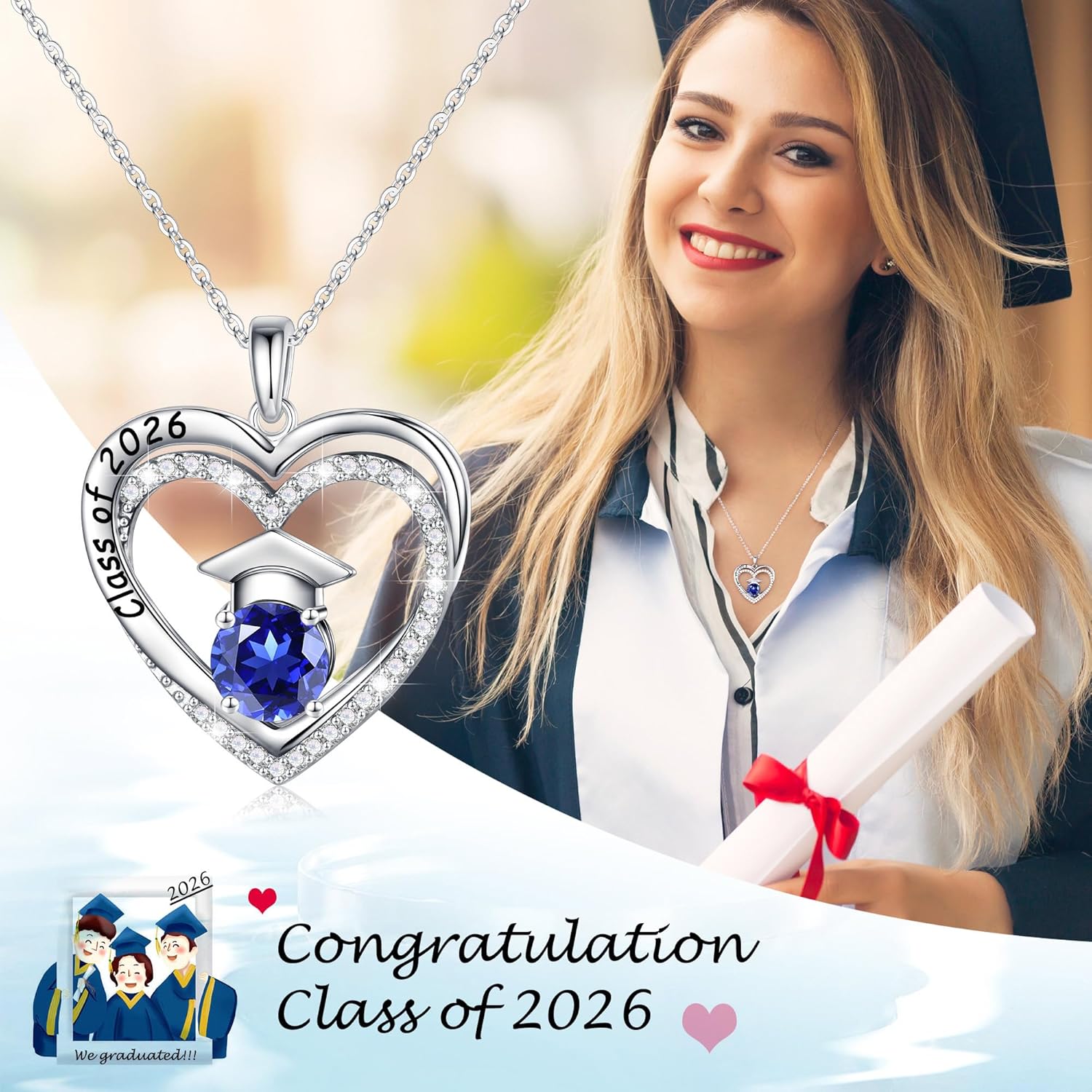 Ursilver Graduation Gifts for Her 2026, S925 Sterling Silver Birthstone Necklace Engraved Class of 2026 Pendant Necklaces College Graduation Gifts for Her