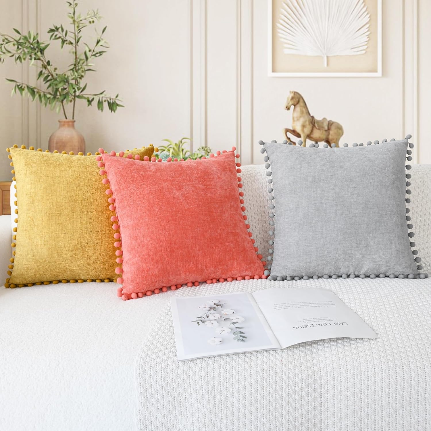 Calitime Throw Pillow Covers Decorative 20 X 12 Inches Pack Of 2 Cozy Solid Dyed Soft Chenille Cushion Cases With Pom Poms For Couch Sofa Bed Living Room Home Gold