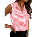 Women Cotton Gingham Button Down Shirts Slim Fit Sleeveless Blouses Plaid Tops Summer Clothes Fashion Outfits