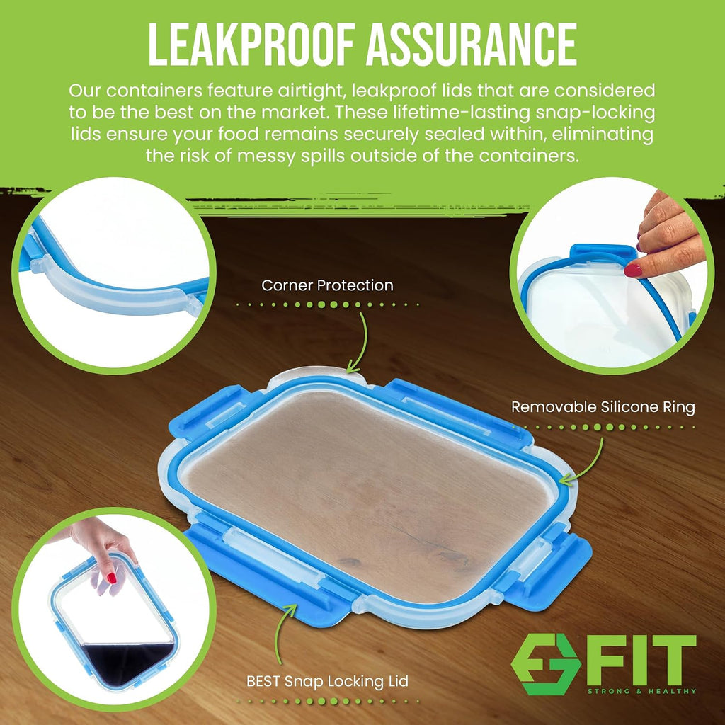 Fit Strong & Healthy Glass Meal Prep Containers, 2 & 3 Compartments - Portion Control, Lunch Container Set, Food Storage, Airtight Lids, Oven & Freezer Safe, Leak-Proof Bento Box, 32 Oz, Blue, 4 Pack