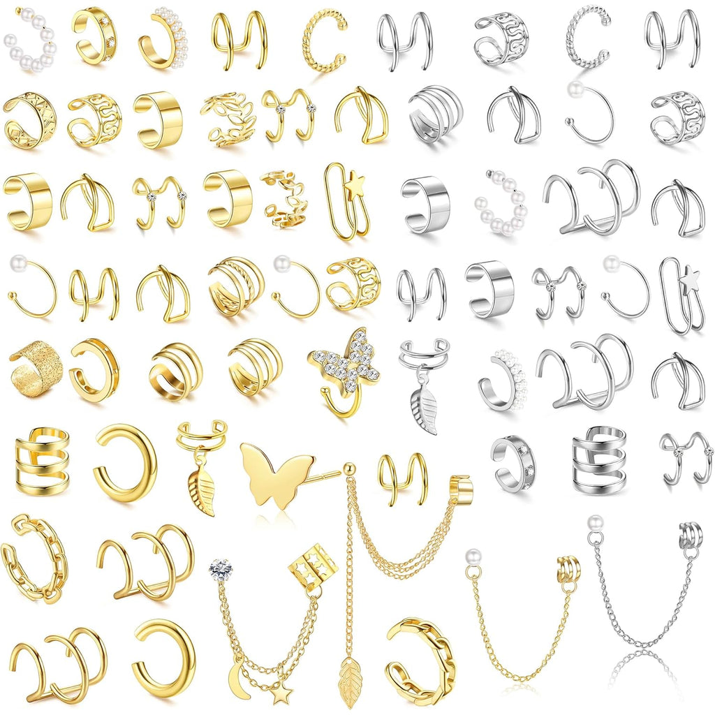 BESTEEL 66Pcs Ear Cuff Earrings for Women Non Piercing - 14K Gold Plated Ear Cuffs Adjustable Non Pierced Clip On Cartilage Conch Earring Stacks CZ Star Butterfly Ear Wraps Fake Piercings Earings Gift