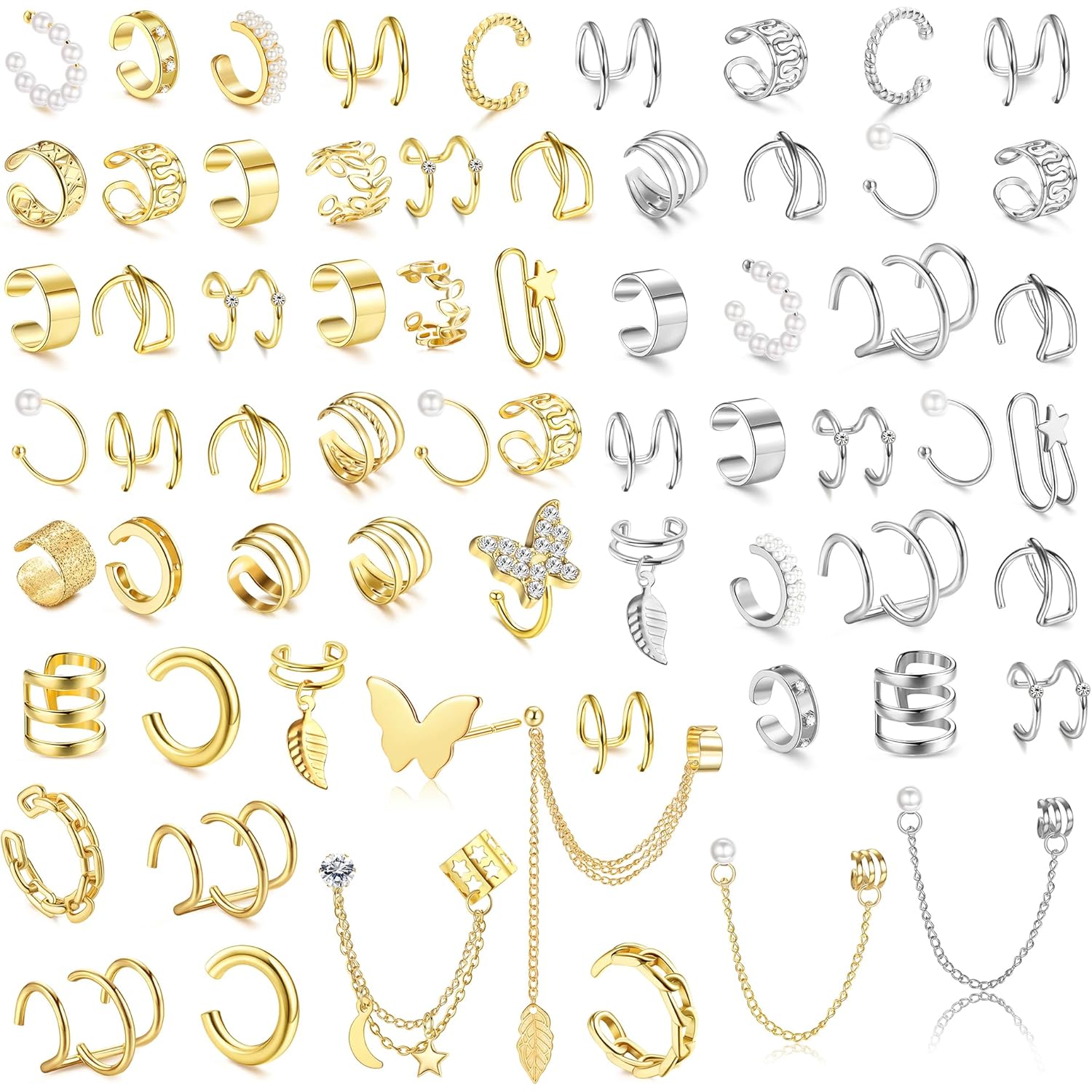 BESTEEL 66Pcs Ear Cuff Earrings for Women Non Piercing - 14K Gold Plated Ear Cuffs Adjustable Non Pierced Clip On Cartilage Conch Earring Stacks CZ Star Butterfly Ear Wraps Fake Piercings Earings Gift