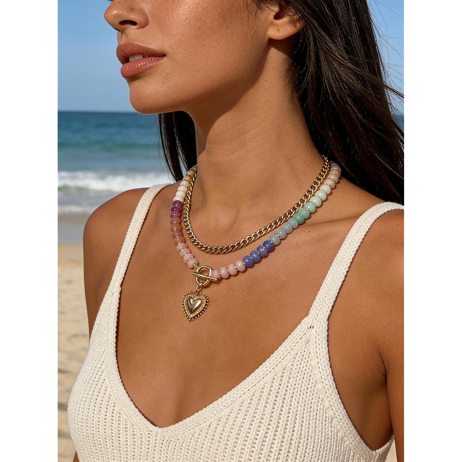 Layered Necklaces for Women, 14K Gold Plated Heart Pendant & Colorful Acrylic Beaded Choker, Cute Trendy Jewelry, Anti-Tangle Single Clasp Design, Summer Beach Boho Necklace for Women