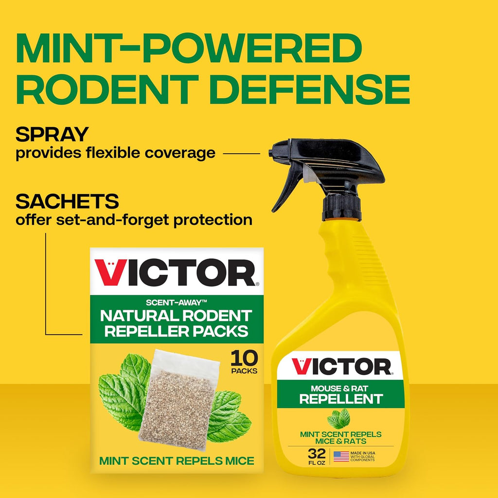Victor Scent-Away Mouse Repellent Pouches 10-Pack, Natural Rodent Deterrent | Indoor Outdoor Pest Control, Peppermint Oil Granules, Mice And Rat Protection For Home, Garage, Vehicle, M805B-2Sr