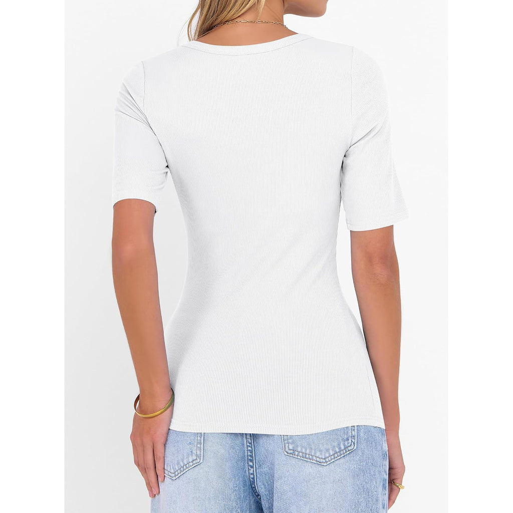 Anrabess Womens Half Sleeve Tops Scoop Neck Ribbed Knit Slim Fitted Basic Tee Shirts Summer 2026 Trendy Spring Casual Clothes