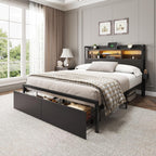 Full Size Bed Frame With Headboard And Charging Station,2 Drawers