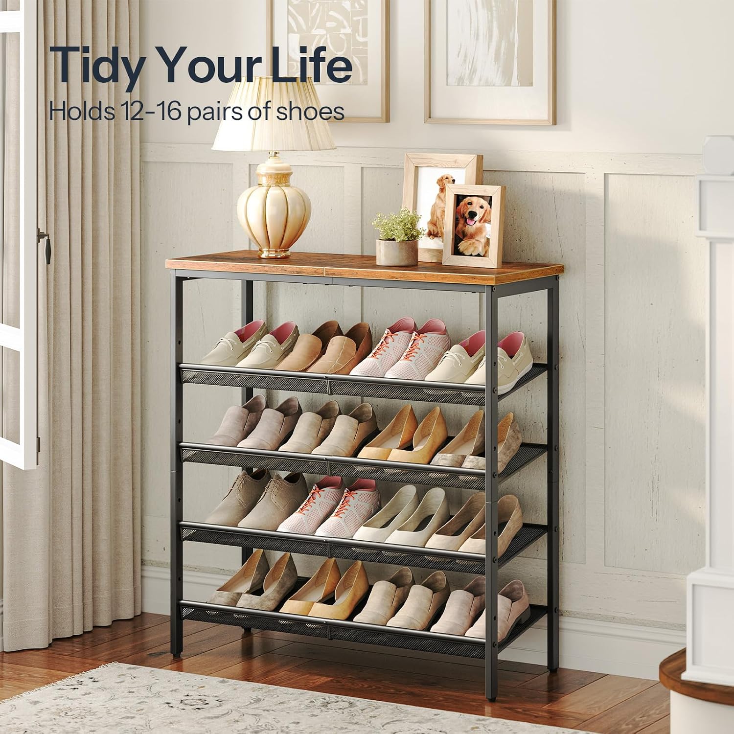 Hoobro Shoe Rack For Entryway, 5-Tier Shoe Organizer With Adjustable Mesh Shelves, 16-20 Pairs Of Shoes, Spacious Floor Mount, Metal, Industrial, Shoe Shelf For Closet, Rustic Brown Bf12Xj01