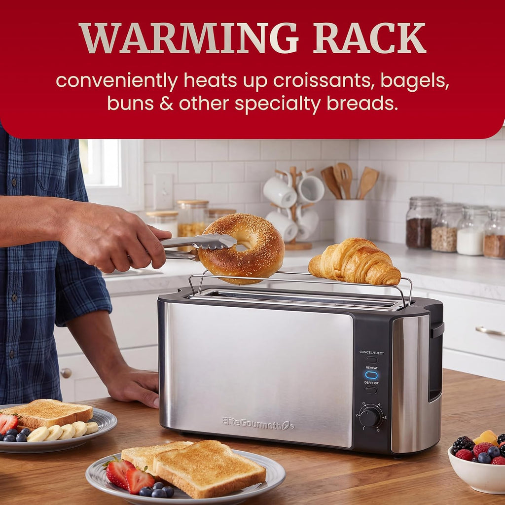 Elite Gourmet Ect3200 2-Slice, 1 Long Slot, Slim Toaster, Reheat, 6 Toast Settings, Defrost, Cancel Functions, Built-In Warming Rack, Extra Wide Slots For Bagels Waffles, Stainless Steel & Black