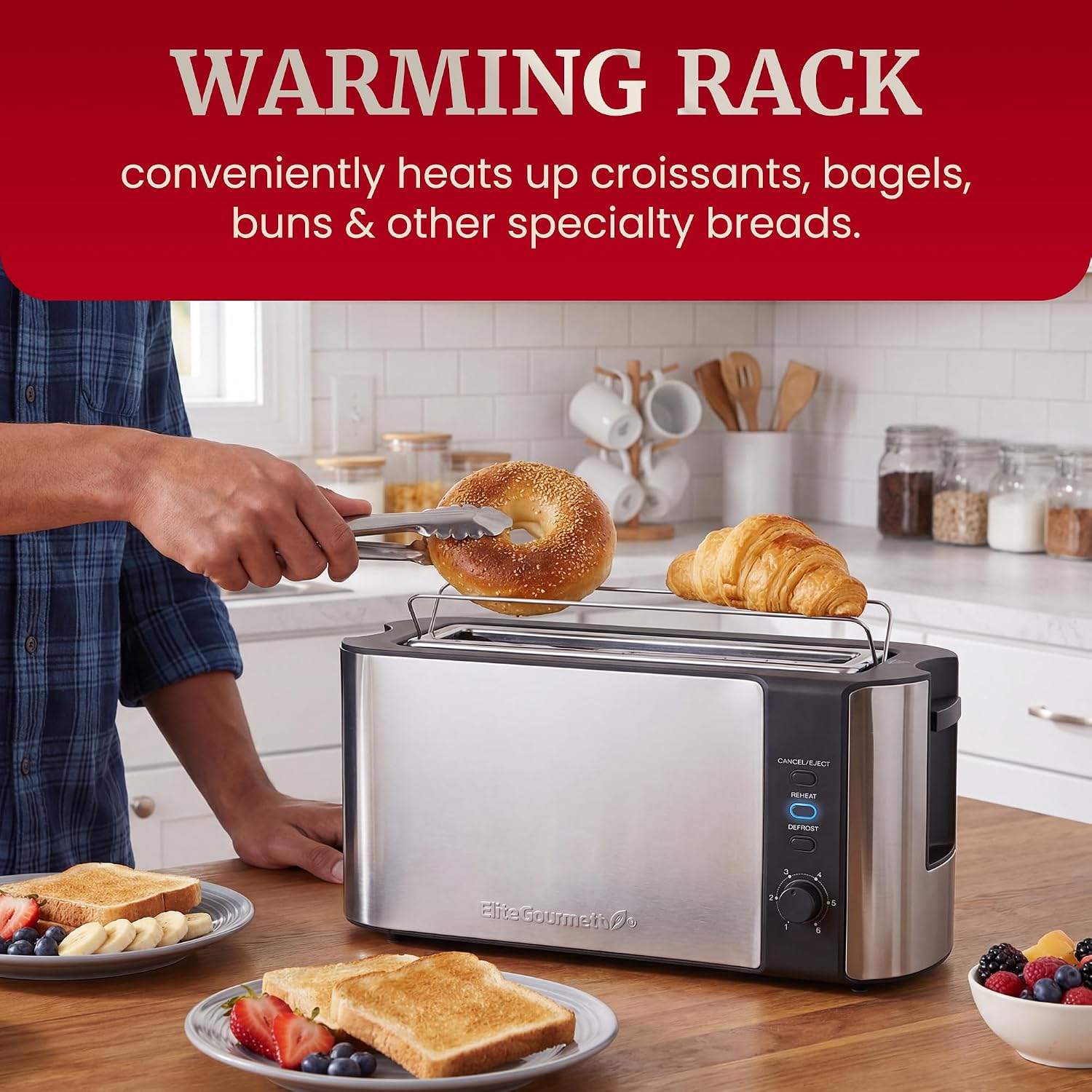 Elite Gourmet Ect3200 2-Slice, 1 Long Slot, Slim Toaster, Reheat, 6 Toast Settings, Defrost, Cancel Functions, Built-In Warming Rack, Extra Wide Slots For Bagels Waffles, Stainless Steel & Black