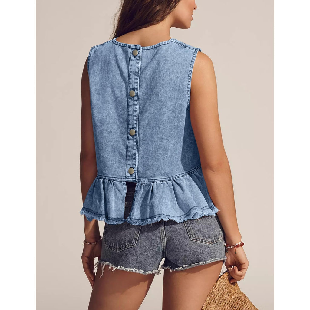 Huaqiao Womens Summer Sleeveless Denim Tops Button Back Crew Neck Jean Vest Cute Swing Ruffle Hem Y2K Tops