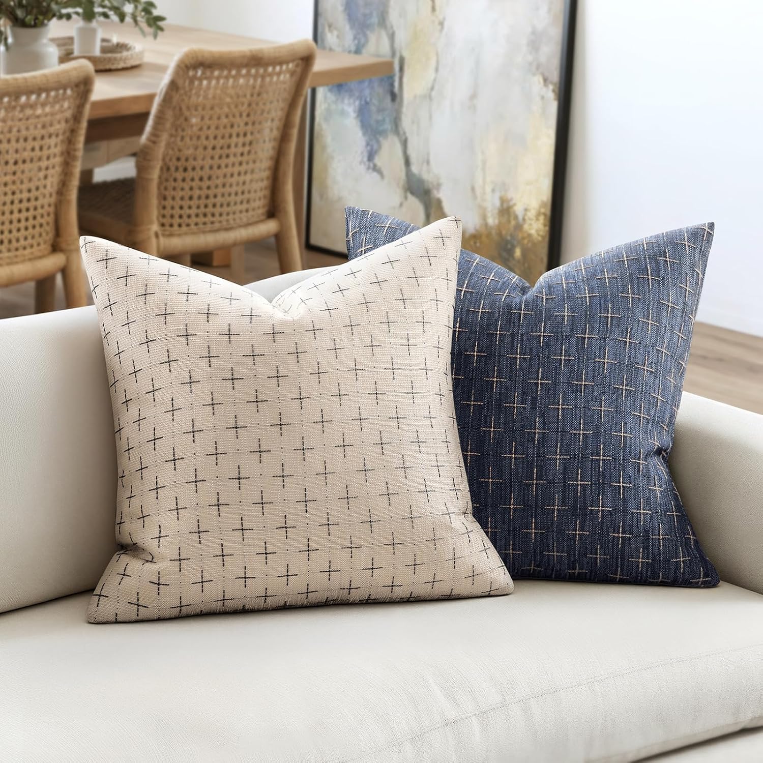 Miulee Pack Of 2 Decorative Burlap Linen Throw Pillow Covers Modern Farmhouse Vintage Pillowcase Rustic Woven Textured Cushion Cover For Sofa Couch Bed 20X20 Inch Blue