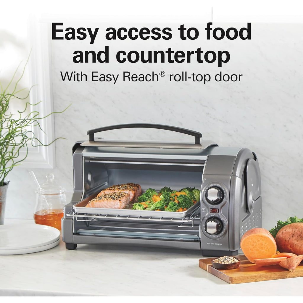 Hamilton Beach Easy Reach 4-Slice Countertop Toaster Oven With Roll-Top Door, 1200 Watts, Fits 9” Pizza, 3 Cooking Functions for Bake, Broil and Toast, Silver (31344DA)