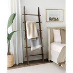 Teakmama 6-Tier 5.4Ft Blanket Ladder With Hanging Knobs Rustic Brown | Farmhouse Wall Leaning Solid Wood Scratch & Slip Proof Quilt Rack, Living Room Bedroom Bathroom, Xmas Deco, Easy Setup