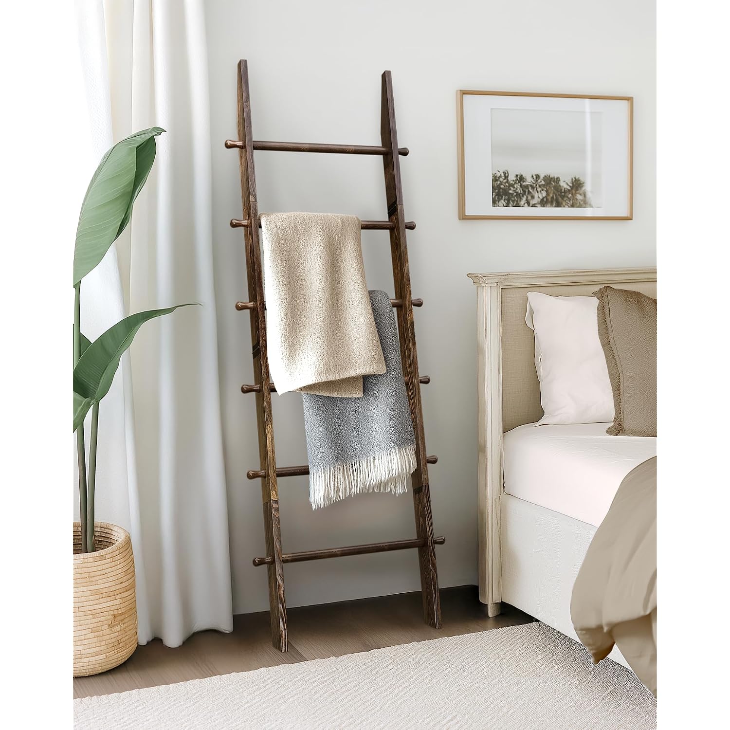 Teakmama 6-Tier 5.4Ft Blanket Ladder With Hanging Knobs Rustic Brown | Farmhouse Wall Leaning Solid Wood Scratch & Slip Proof Quilt Rack, Living Room Bedroom Bathroom, Xmas Deco, Easy Setup