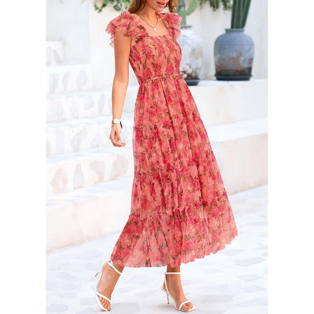 Prettygarden Women'S Summer Tulle Midi Dress Sleeveless Smocked Ruffle Flowy Mesh Dresses Party Wedding Guest Sundress
