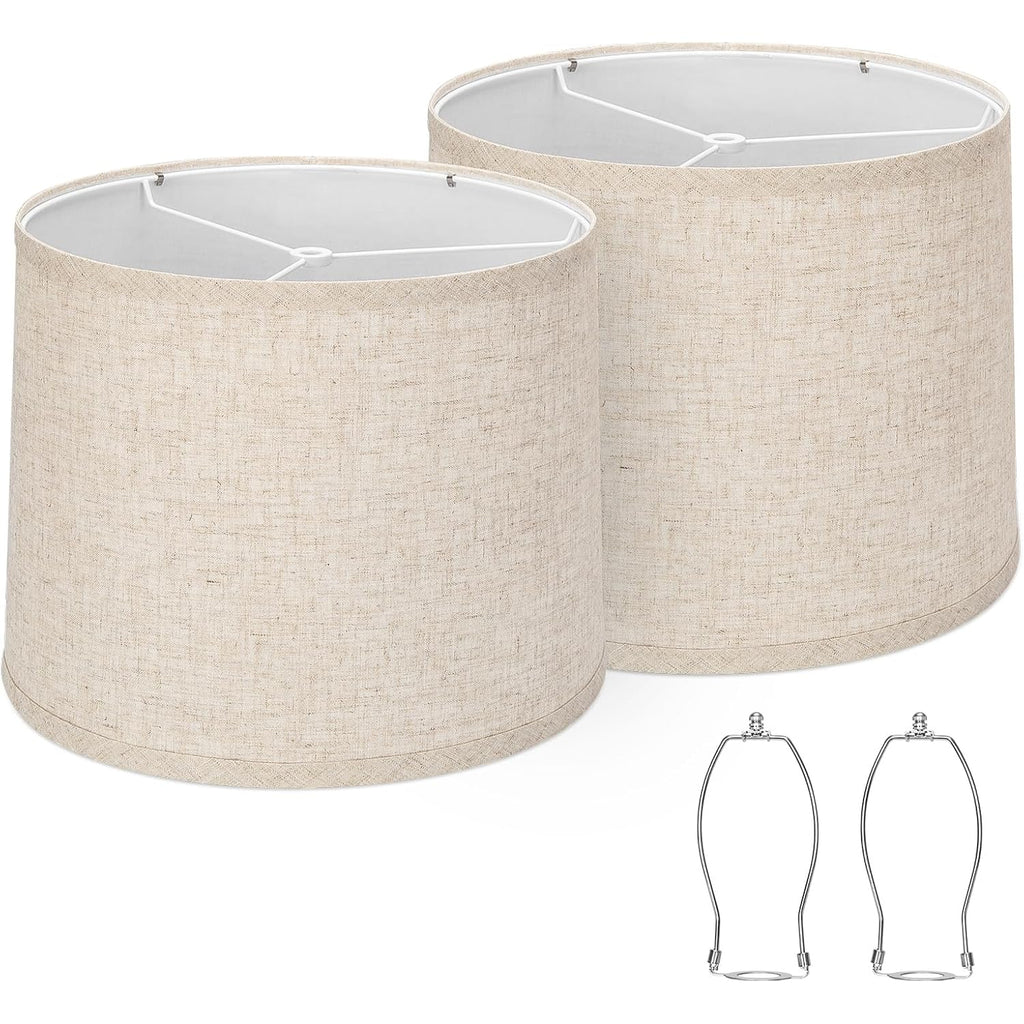 Lampshades Set Of 2, Drum Lampshades 11.6" Top X 12.6" Bottom X 9.8" High, Seaside Village Medium Lampshades (Spider Fitter), Beige Lampshades Natural Linen Hand Crafted, Easy Assembly Required