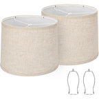 Lampshades Set Of 2, Drum Lampshades 11.6" Top X 12.6" Bottom X 9.8" High, Seaside Village Medium Lampshades (Spider Fitter), Beige Lampshades Natural Linen Hand Crafted, Easy Assembly Required