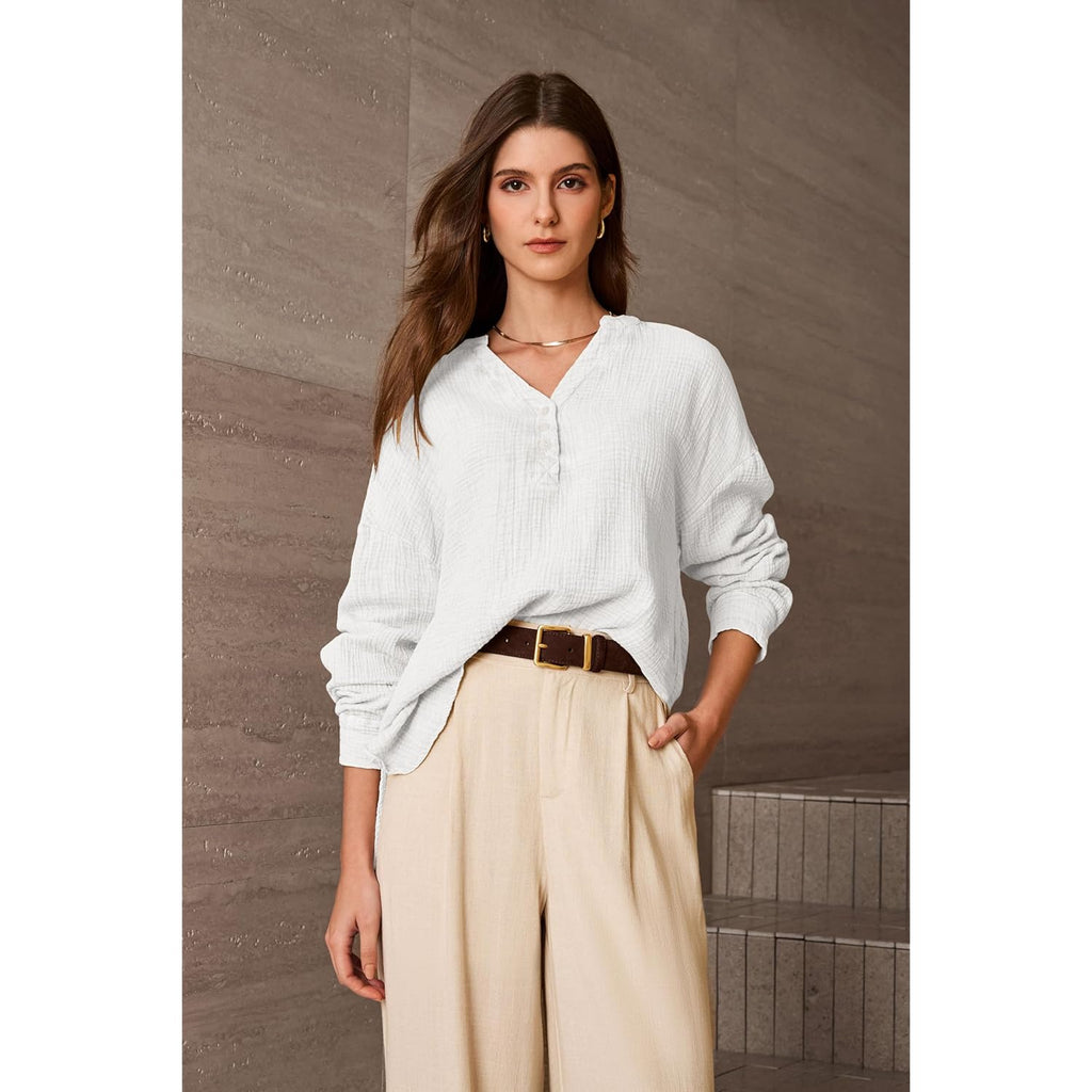 Womens Casual Button V Neck Long Sleeve Shirts Oversized Solid Blouses Tops