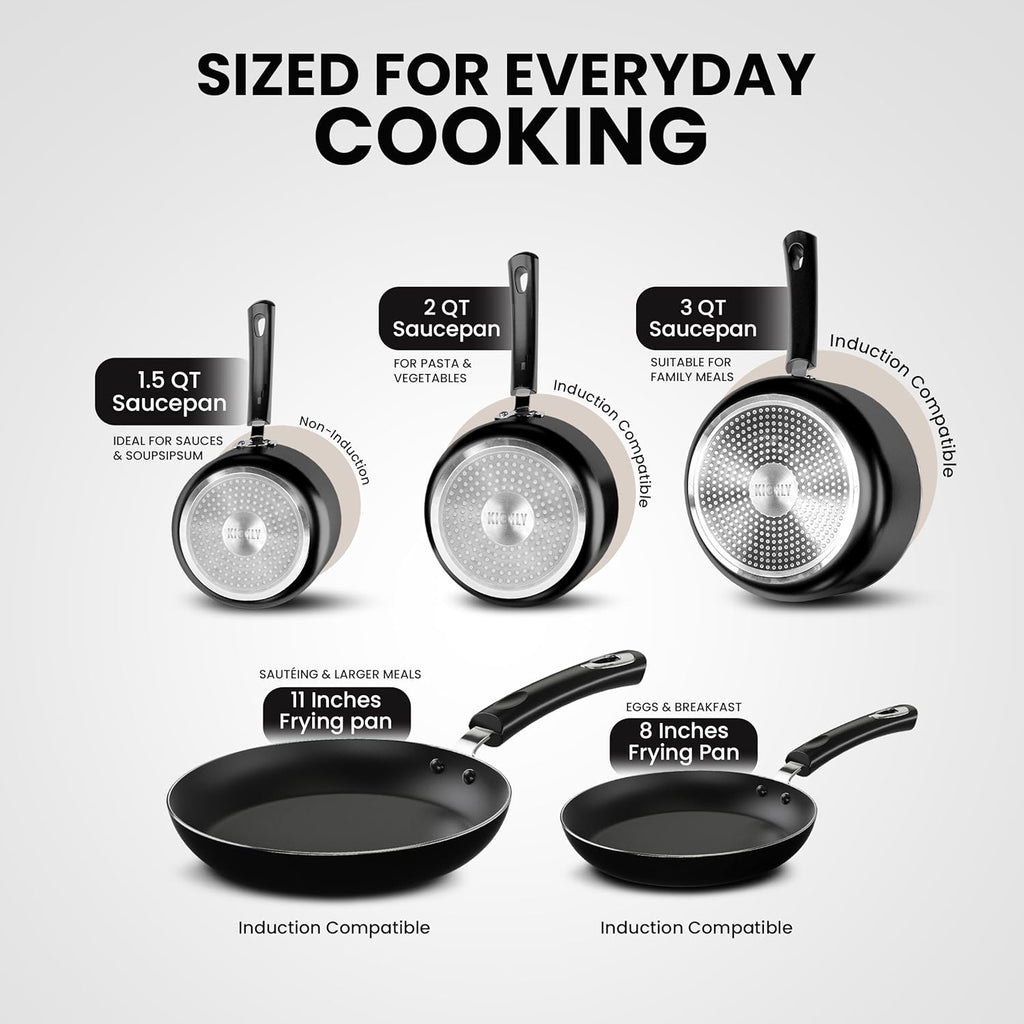 KICHLY 8 Piece Pots and Pans Set, Non Stick Kitchen Cookware Set with 20cm & 28cm Frying Pans and 16cm, 18cm, 20cm Saucepans with Lids, Induction Compatible Pots and Pans Set Non Stick, Black
