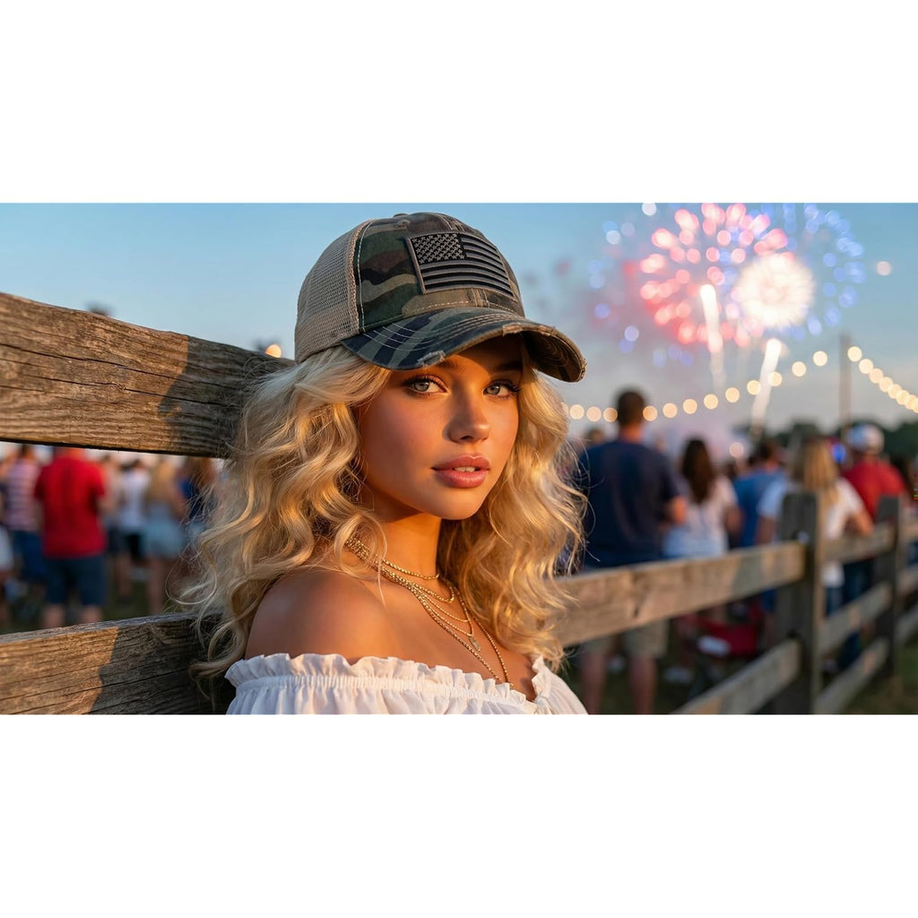 Funky Junque Trucker Hat for Women – Distressed Low Profile Western Camo Baseball Cap with Mesh, Trendy and Adjustable Fit