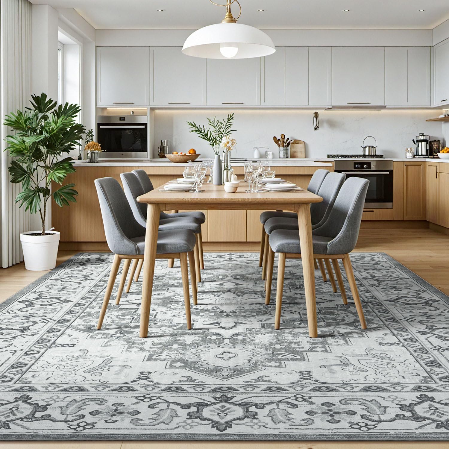8 X 10 Area Rugs For Living Room- Machine Washable Area Rugs Boho Faux Wool Low Pile Area Rug For Bedroom, Floral Medallion Vintage Rugs With Non-Slip Rubber, Kid & Pet Friendly, Grey White